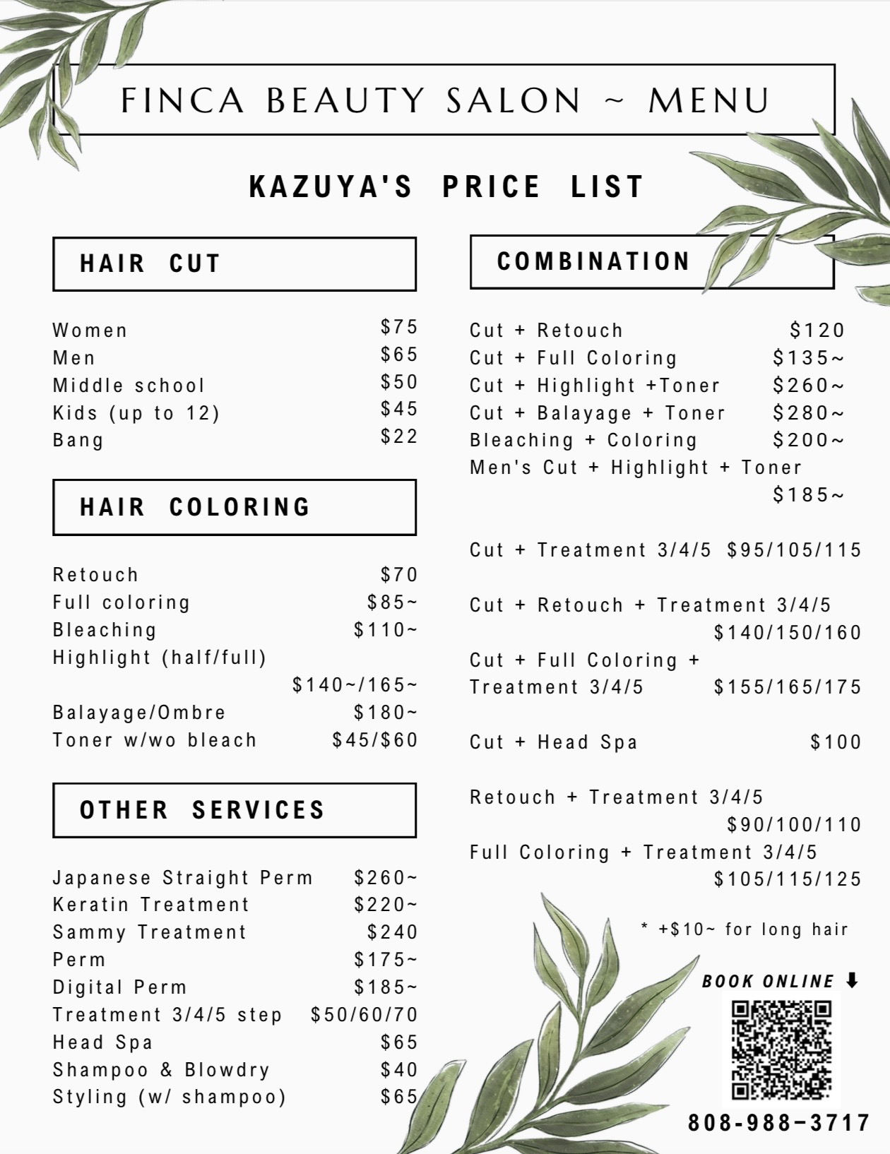 beauty salon price list